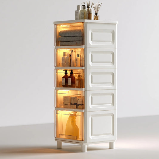Tour de rangement étroite en plastique, coloris blanc