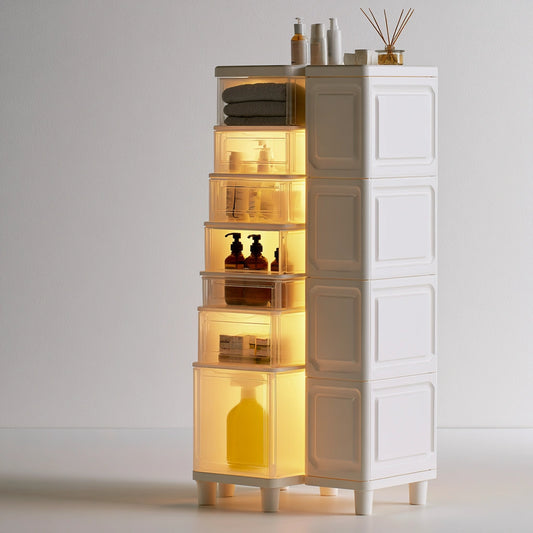 Tour de rangement étroite en plastique, coloris blanc
